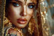Radiant Beauty with Golden Makeup and Intricate Jewelry, A Vision of Opulence