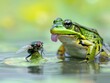 Frog on a lily pad facing a fly on the water surface. Generative AI.