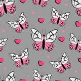 Fototapeta Koty -  Seamless pattern with butterflies and pink hearts on a gray background