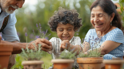 Poster - Grandparents and a grandchild enjoy planting in terracotta pots together.