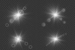Collection of white glowing light effects. Sparkling glare and shining stars, bright flashes of lights and light. On a transparent background.