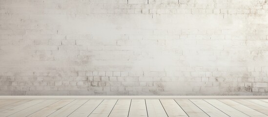 Wall Mural - An up-close view showing a white brick wall juxtaposed with a warm-toned wooden floor