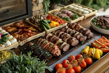 Indoor Catering Buffet Featuring Grilled Meat, Vegetables, And Street Food For A Festive Event Or Wedding Reception. Concept Catering Menu, Grilled Meat, Vegetables, Street Food, Festive Event