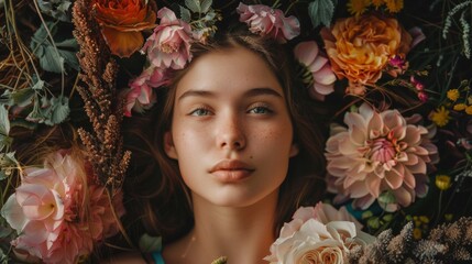 Wall Mural - A young woman with flowers in her hair