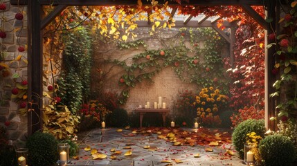 Wall Mural - A courtyard with a table and candles surrounded by autumn leaves