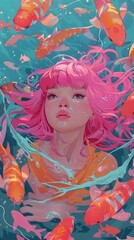 Wall Mural - A girl with pink hair is surrounded by fish