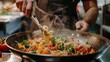 A chef tossing fresh pasta in a pan with vibrant vegetables, aromatic herbs, and savory sauces, creating a mouthwatering pasta dish that embodies the essence 