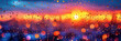 Abstract background with raindrops, blurred cityscape and warm sunset colors. Banner image with copy space for text.