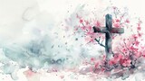 Fototapeta Motyle - Cherry Blossoms and Cross Watercolor Greeting Card
