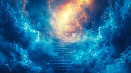 stairway rising to a radiant sunrise amidst celestial clouds. celestial steps. cosmic pathway to a n