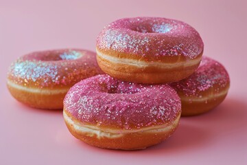 Wall Mural - Colorful donuts with sparkling glitter glazing on a pink background