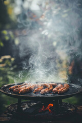 Wall Mural - Sausages fried with spices and herbs, Selective focus