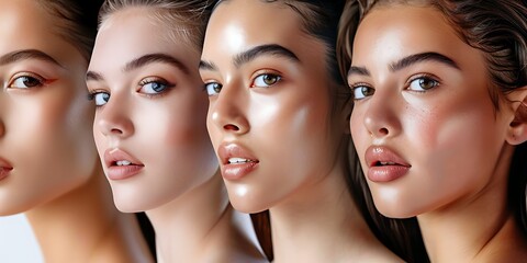 three diverse women showcasing their natural beauty and glowing skin, perfect for beauty and skincar
