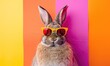 Rabbit with sunglasses on colorful background. Easter holiday concept. Copy space.