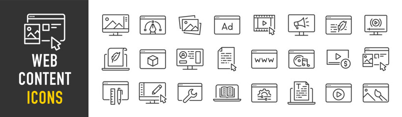 Fototapete - Web Content web icons in line style. Photo, video, media, blogging, collection. Vector illustration.