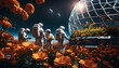 Three men in spacesuits tending to the flowers in a geodesic dome of atmosphere on the moon.