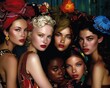 A diverse group of five women posing with stylish headwear and bold makeup against a dark floral backdrop. 