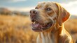 Happy golden dog with an open mouth enjoying a sunny day in a golden wheat field. 