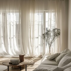 Wall Mural - The minimalist bedroom corner is a peaceful retreat with sheer draping curtains, soft bedding, and subtle decor, inviting restfulness in a light-filled space