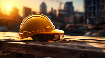 Wall Mural - Construction site helmet and construction site background safety first concept