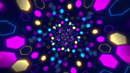 Poster - Animated neon glowing hexagon frame. Colorful laser show seamless loop 4K border. Futuristic light effect isolated on black. VJ backdrop for club, show, music video, presentation. Glow swirl design
