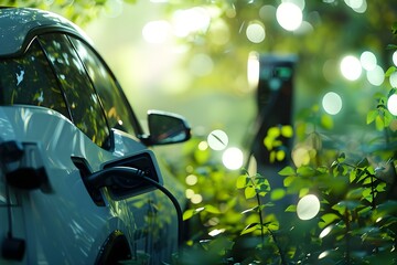 Wall Mural - Blurred background of nature with an electric car plugged into a charging station promoting ecofriendly alternative energy. Concept Nature, Electric Car, Charging Station, Eco-Friendly