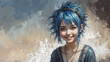 Playfully mischievous young pixie girl with the cutest smile and prettiest face, she has short blue hair and dazzling blue eyes - fantasy role playing portrait.