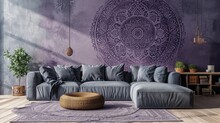 A Stunning Mandala Pattern On A Soft Lavender Gray Wall, Offering An Elegant Touch To The Room With A Matching Sofa.