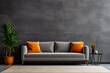 © RCH Photographic - Contemporary minimalist living area with grey upholstered sofa and orange cushions with floor plant and side table set against a medium grey stucco wall interior room design mockup