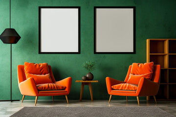 Modern living room with orange velvet chairs aside an occasional table and storage unit set against a green textured wall with two large blank wall art frames interior room design mockup