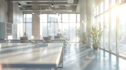 Beautiful blurred background of a light modern office interior with panoramic windows and beautiful lighting