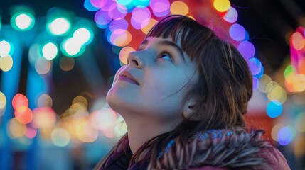 Canvas Print - A young girl looking up at a colorful light display. Generative AI.