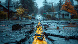 Fototapeta  - broken road in rain with leaves