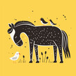 Cartoon horse in a meadow with birds, vector illustration