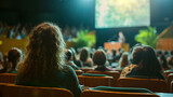 Fototapeta  - Image from behind of an audience member watching a person giving a speech on stage in a large venue.