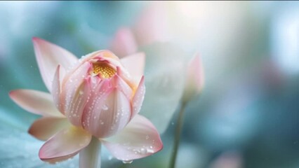 Sticker - Pink lotus flower with fresh morning dew opening up. Pastel colors nature background