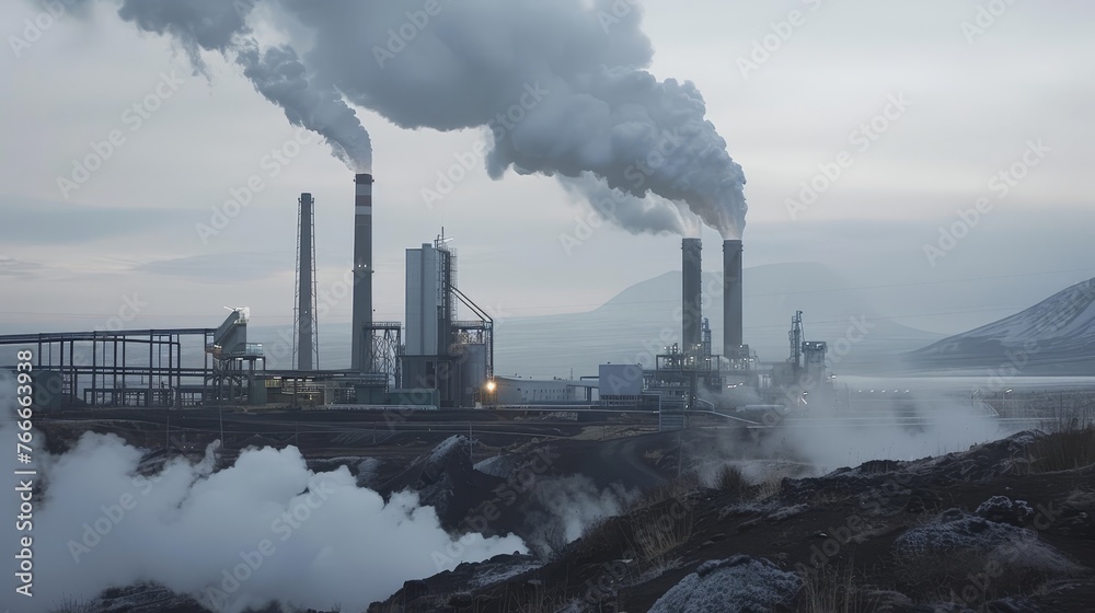Geothermal Giants Professional captures of geothermal power plants harnessing heat from the Earths core providing rene AI generated illustration