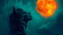 Moonlight Werewolf Woman Against The Glowing Yellow Full Moon Sky Wolf Background Illustration.