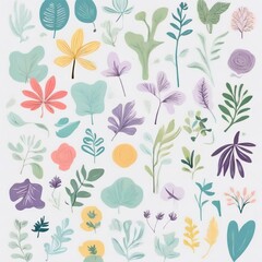  A collection of seamless pattern, colorful abstract plants and flowers. Hand drawn Collection of leaves and flowers. A close up of a pattern of flowers and leaves.
