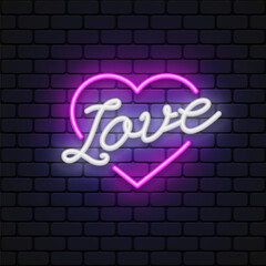 Wall Mural - Bright heart. Neon sign. Retro neon heart sign on purple background. Design element for Happy Valentine's Day. Vector illustration