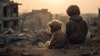 The echo of war! the child stands alone against the broken city and hugs his toy