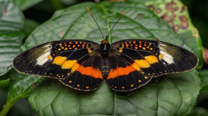 Poster - A butterfly with orange, black and white markings sitting on a leaf, AI