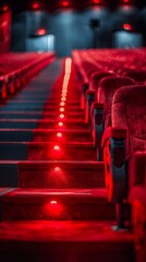 Wall Mural - A row of red lights on a wall next to some seats, AI