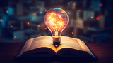 Fototapeta Do akwarium - Light bulb and open book, concept of new ideas, knowledge