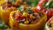 Savory Stuffed Bell Peppers A close-up shot of savory stuffed bell peppers filled with a flavorful mixture of quinoa black bean  AI generated illustration