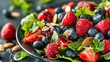 Summer Berry Salad A professional photograph capturing a summer berry salad with mixed greens fresh strawberries blueberries ra AI generated illustration