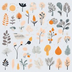 A collection of seamless pattern, colorful abstract plants and flowers. Hand drawn Collection of leaves and flowers. A close up of a pattern of flowers and leaves.
