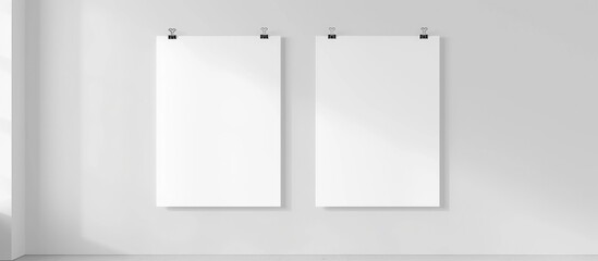 Mockup of two blank white posters hanging on clips in front of a white wall.