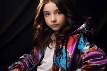 Wall Mural - Portrait of a beautiful young girl in a bright jacket. Studio shot.