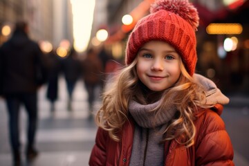 Wall Mural - Adorable little girl in a red hat and coat walking in the city at Christmas time